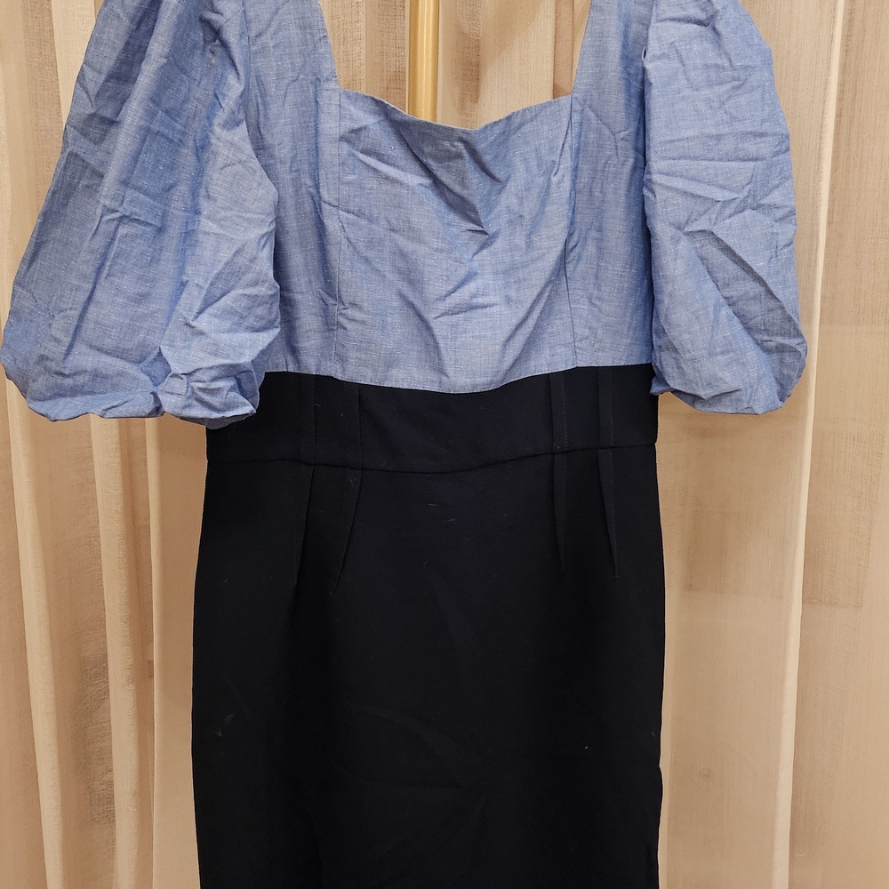 Sandro Navy And Lighter Blue Puffed Sleeve Dress Business Casual